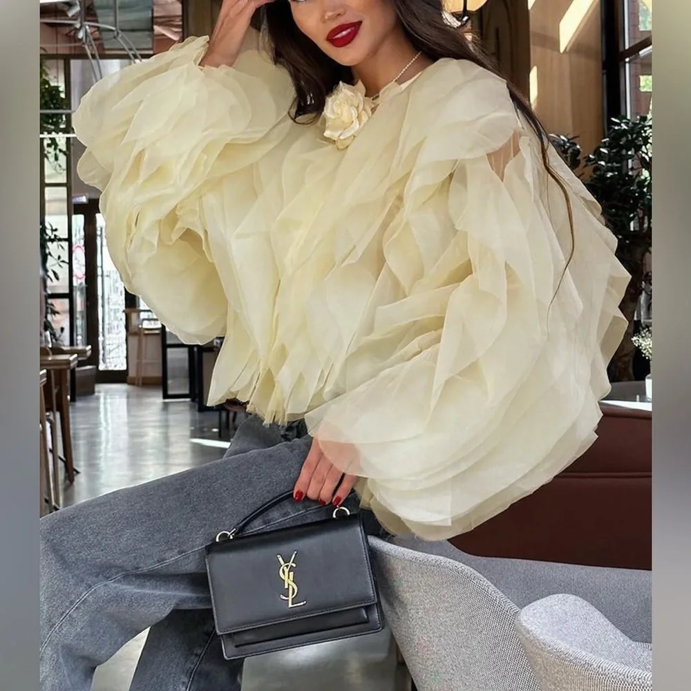 Commense Chiffon Tule Exaggerated Layered Ruffled Puff Sleeve Blouse